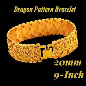 18K Gold Filled Over Silver Men's 9" 20mm Dragon Pattern Link Chain Bracelet